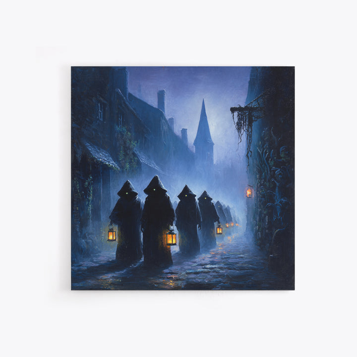 The Innsmouth Lantern Procession, Square Wall Art, Gothic Horror Wall Art, Framed Canvas Print, Halloween Wall Decor, Gothic Home Decor