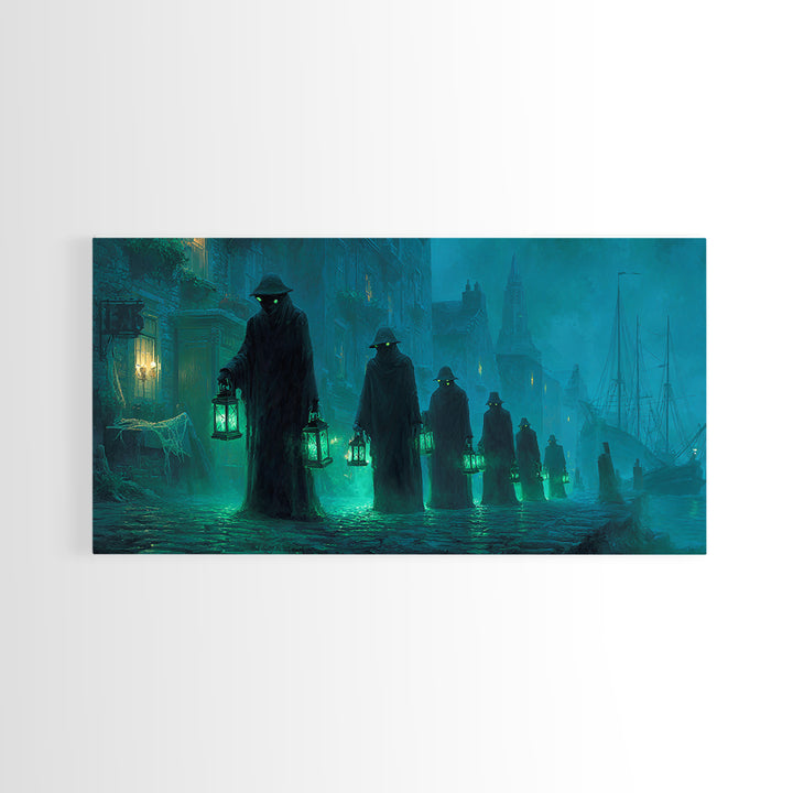 The Innsmouth Lantern Procession, Wide Panoramic Art, Eldritch Gothic Decor, Canvas Print, Halloween Wall Decor, Gothic Home Decor