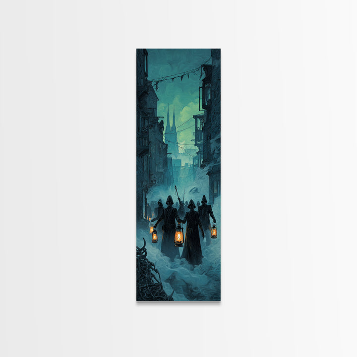 The Innsmouth Lantern Procession, Tall Narrow Wall Art, Gothic Horror Wall Art, Canvas Print, Halloween Wall Decor, Gothic Home Decor