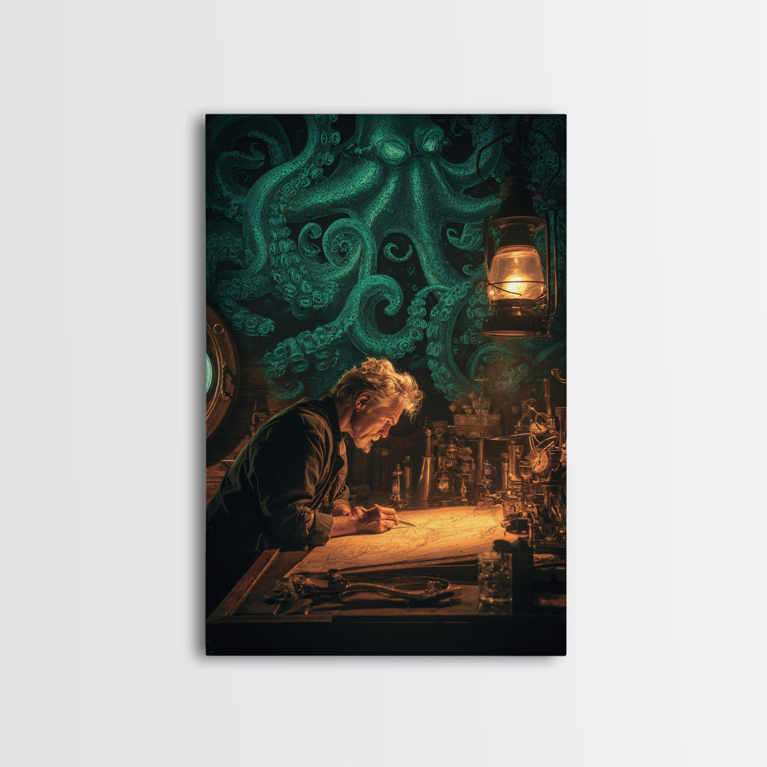 The Mapmaker Of Impossible Shores, Vertical Wall Art, Macabre Wall Art, Framed Canvas Print, Halloween Wall Decor, Gothic Home Decor