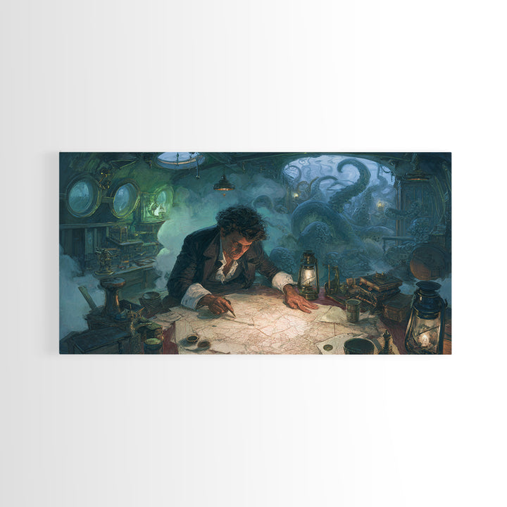 The Mapmaker Of Impossible Shores, Wide Panoramic Art, Eldritch Gothic Decor, Framed Canvas Print, Halloween Wall Decor, Gothic Home Decor