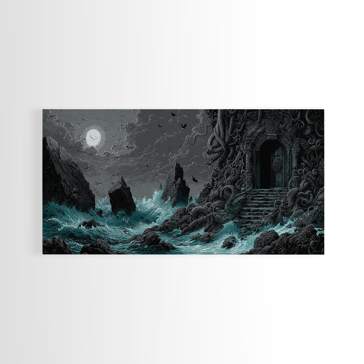 The Keeper Of The Black Reef Key, Wide Panoramic Art, Gothic Horror Wall Art, Canvas Print, Halloween Wall Decor, Gothic Home Decor