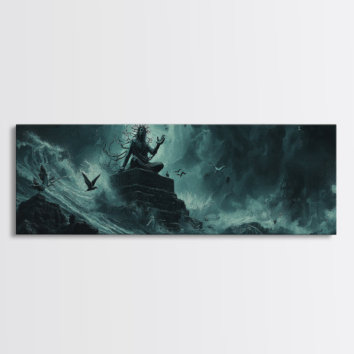 The Keeper Of The Black Reef Key, Extra Wide Wall Art, Lovecraftian Horror Art, Canvas Print, Halloween Wall Decor, Gothic Home Decor
