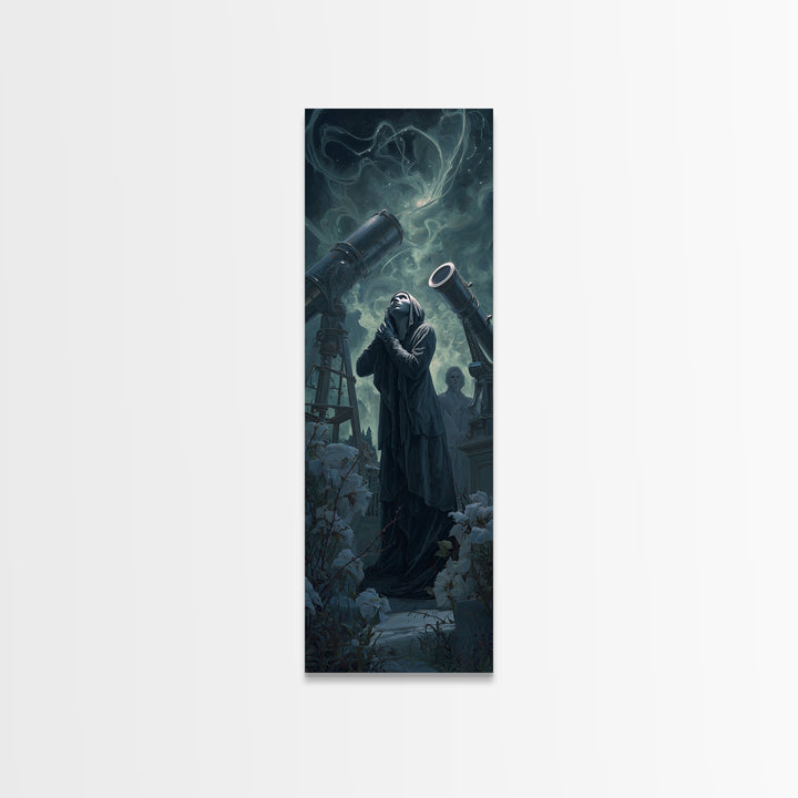 The Widow Of The Whispering Comet, Tall Narrow Wall Art, Macabre Wall Art, Framed Canvas Print, Halloween Wall Decor, Gothic Home Decor