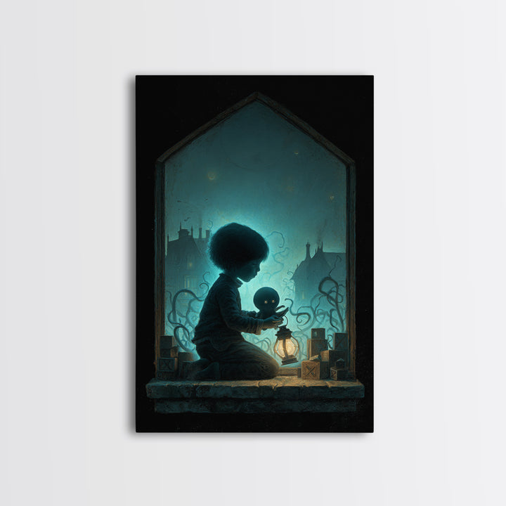 The Child Who Caught A Moon-Spawn, Vertical Wall Art, Eldritch Gothic Decor, Framed Canvas Print, Halloween Wall Decor, Gothic Home Decor