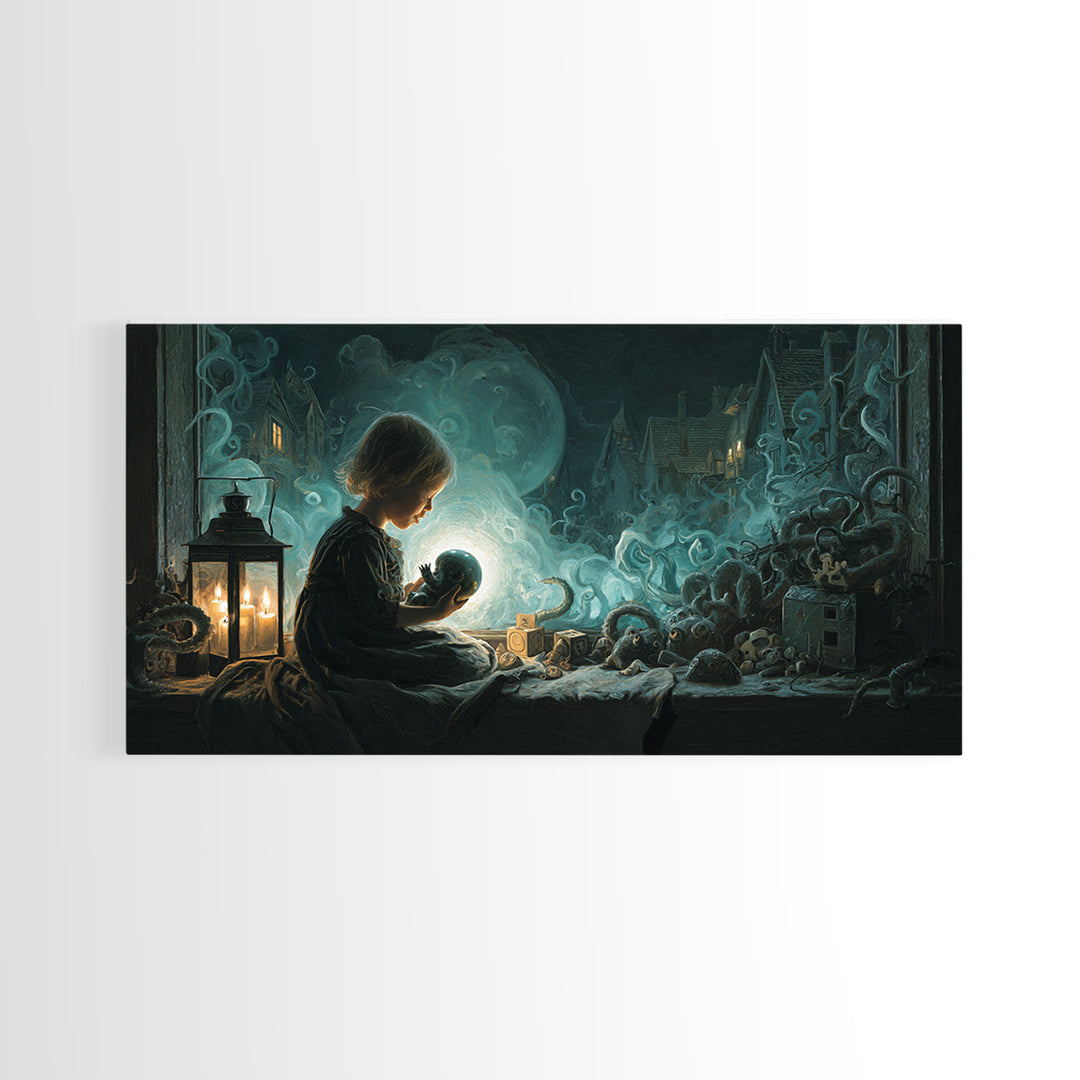 The Child Who Caught A Moon-Spawn, Wide Panoramic Art, Lovecraftian Horror Art, Framed Canvas Print, Halloween Wall Decor, Gothic Home Decor