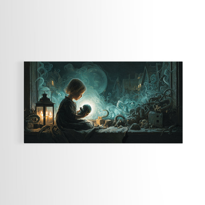 The Child Who Caught A Moon-Spawn, Wide Panoramic Art, Lovecraftian Horror Art, Framed Canvas Print, Halloween Wall Decor, Gothic Home Decor