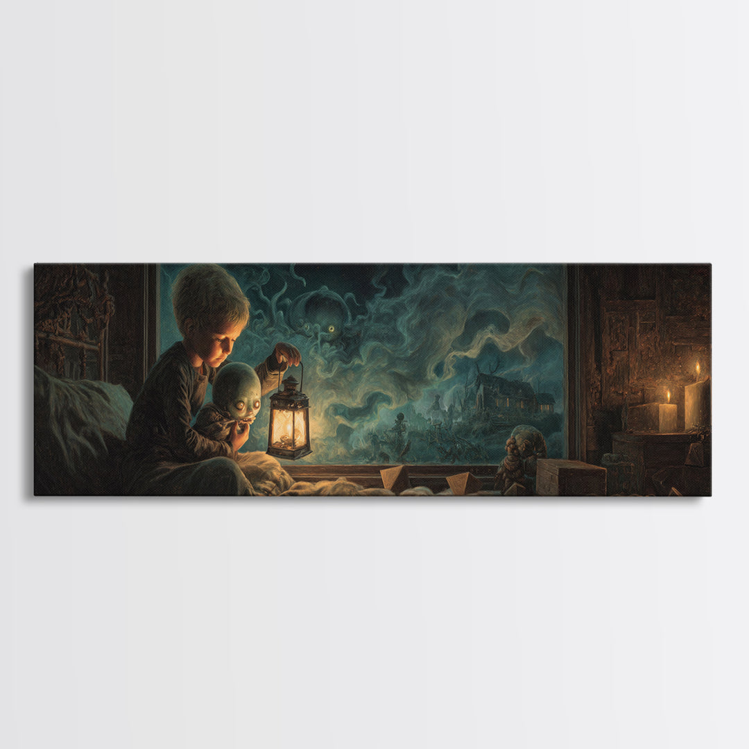 The Child Who Caught A Moon-Spawn, Extra Wide Wall Art, Eldritch Gothic Decor, Framed Canvas Print, Halloween Wall Decor, Gothic Home Decor