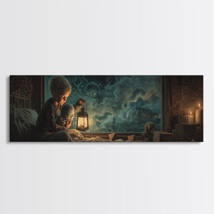 The Child Who Caught A Moon-Spawn, Extra Wide Wall Art, Eldritch Gothic Decor, Framed Canvas Print, Halloween Wall Decor, Gothic Home Decor