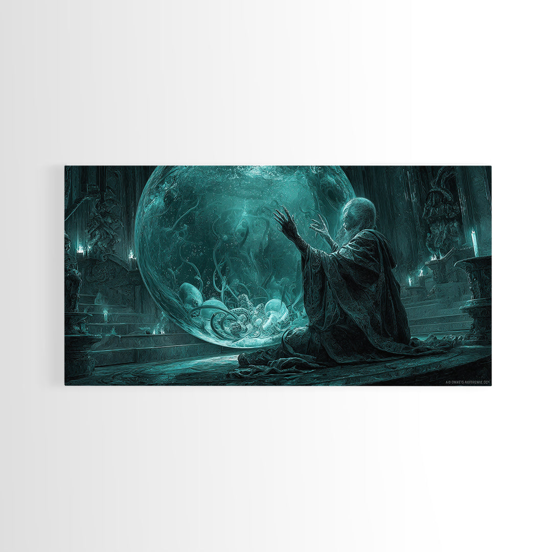 The Oracle Of The Glass Depths, Wide Panoramic Art, Haunted Gothic Art, Framed Canvas Print, Halloween Wall Decor, Gothic Home Decor