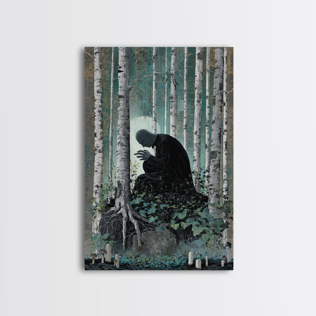 The Sleeper In The Birch Grove, Vertical Wall Art, Dark Fantasy Wall Art, Framed Canvas Print, Halloween Wall Decor, Gothic Home Decor