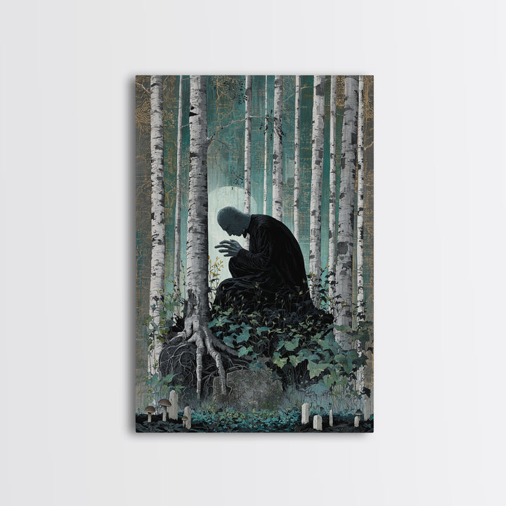 The Sleeper In The Birch Grove, Vertical Wall Art, Dark Fantasy Wall Art, Framed Canvas Print, Halloween Wall Decor, Gothic Home Decor