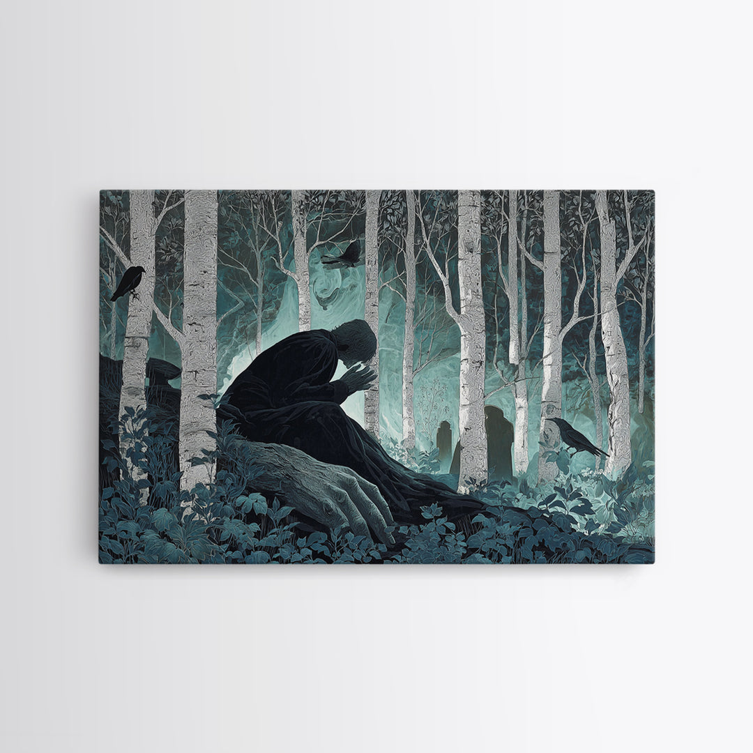 The Sleeper In The Birch Grove, Landscape Wall Art, Dark Halloween Decor, Canvas Print, Halloween Wall Decor, Gothic Home Decor