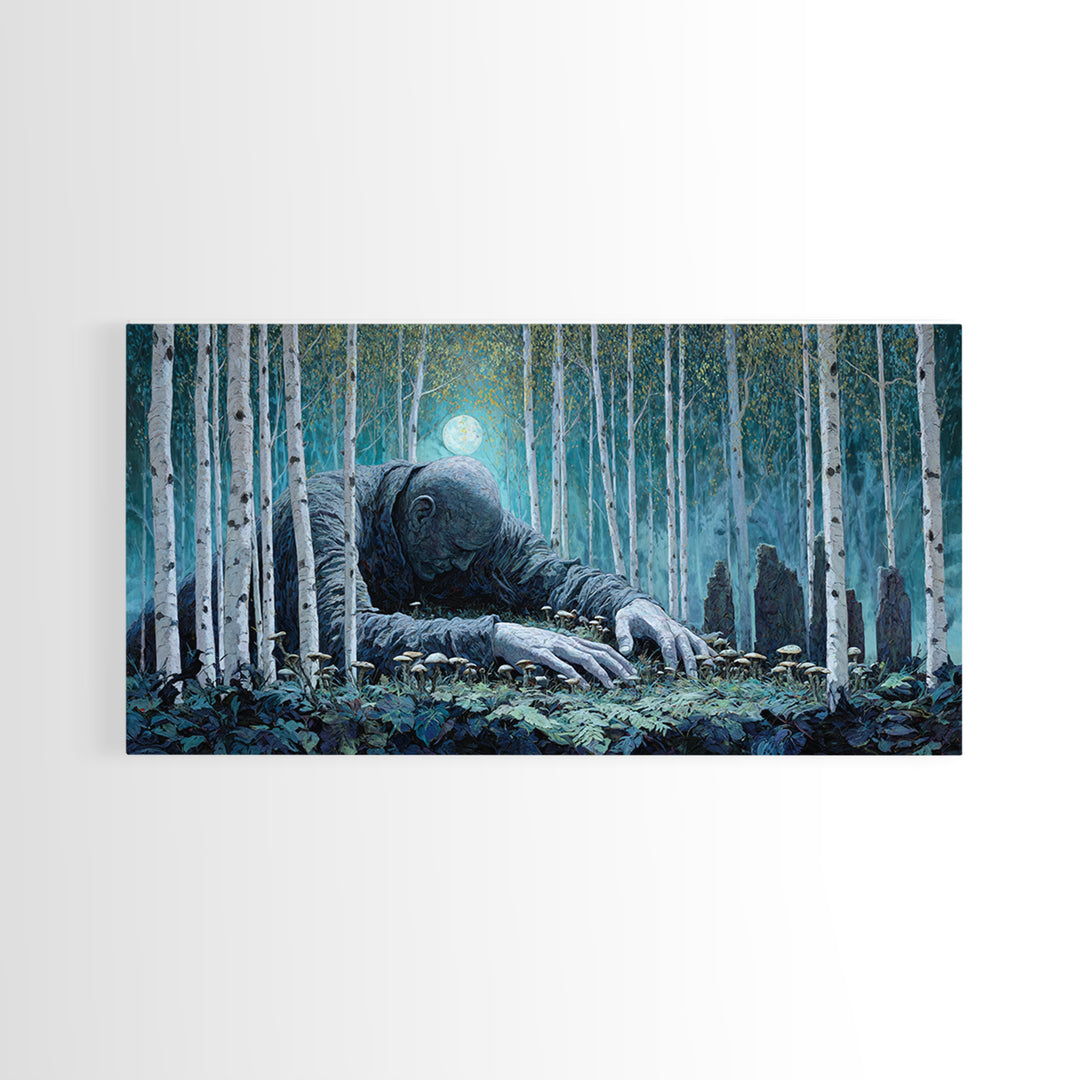 The Sleeper In The Birch Grove, Wide Panoramic Art, Lovecraftian Horror Art, Framed Canvas Print, Halloween Wall Decor, Gothic Home Decor