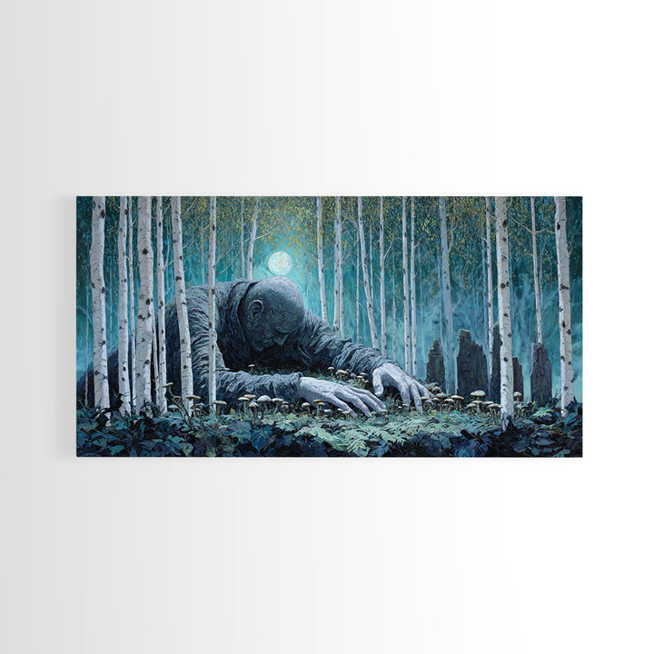 The Sleeper In The Birch Grove, Wide Panoramic Art, Lovecraftian Horror Art, Framed Canvas Print, Halloween Wall Decor, Gothic Home Decor
