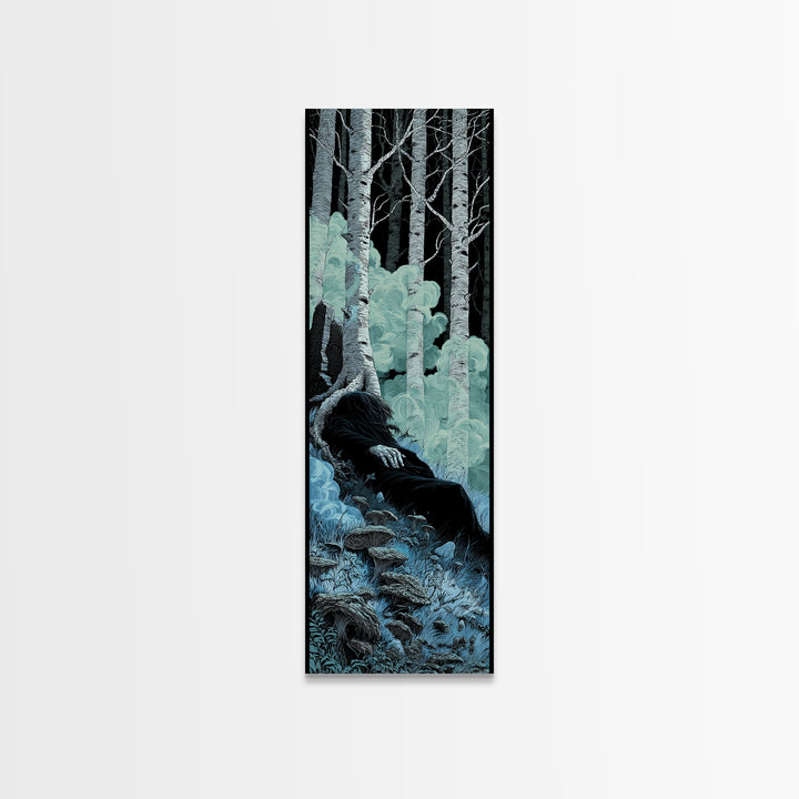 The Sleeper In The Birch Grove, Tall Narrow Wall Art, Spooky Home Decor, Framed Canvas Print, Halloween Wall Decor, Gothic Home Decor