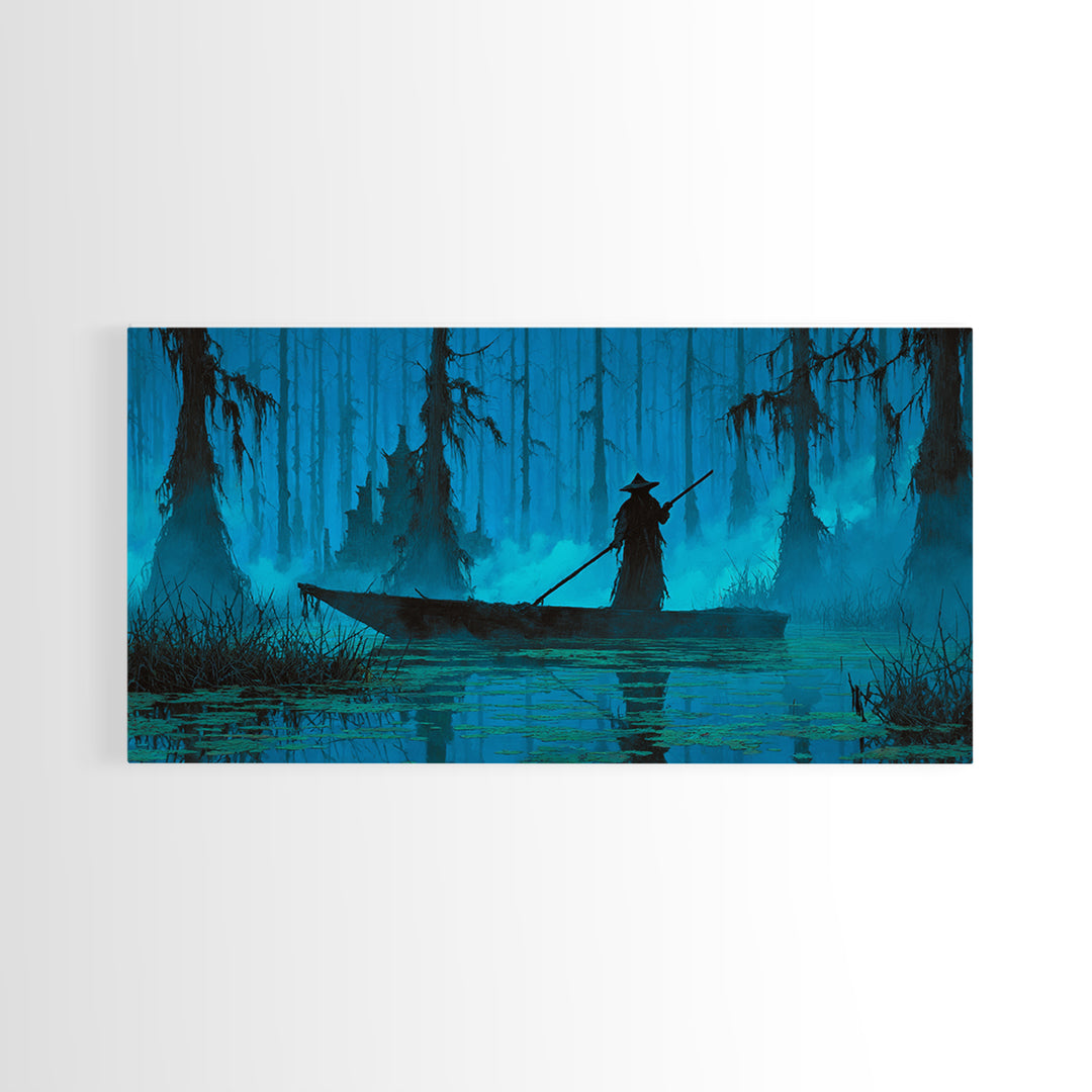 The Ferryman Of The Outer Marsh, Wide Panoramic Art, Lovecraftian Horror Art, Framed Canvas Print, Halloween Wall Decor, Gothic Home Decor