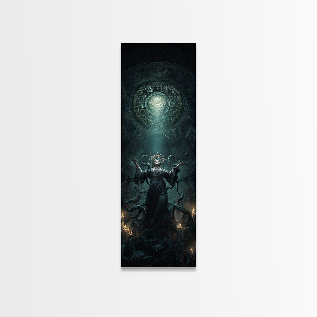 The Crown Of The Tentacled Saint, Tall Narrow Wall Art, Cosmic Horror Wall Art, Framed Canvas Print, Halloween Wall Decor, Gothic Home Decor