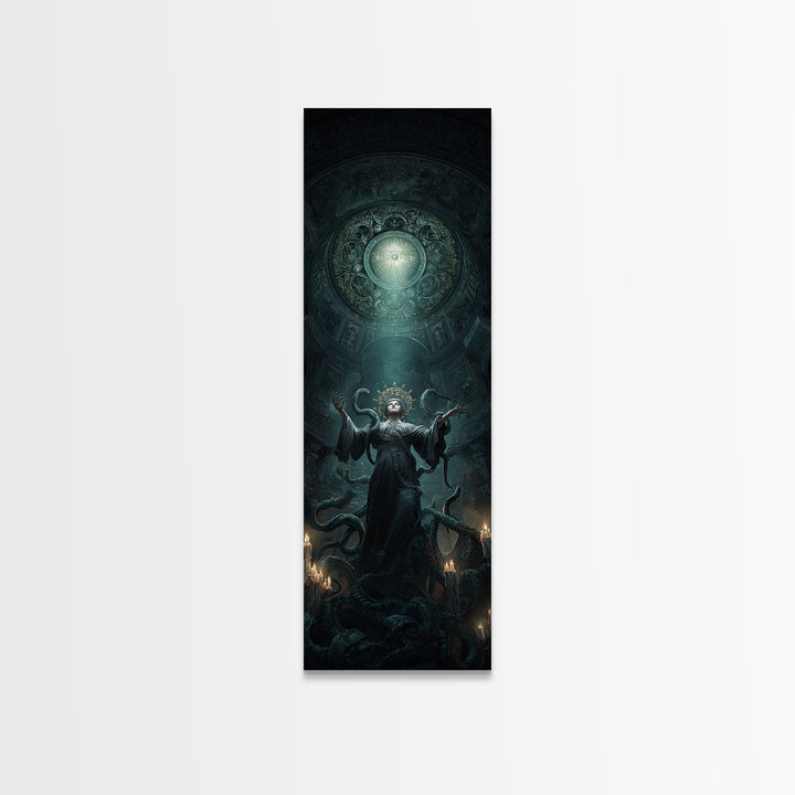 The Crown Of The Tentacled Saint, Tall Narrow Wall Art, Cosmic Horror Wall Art, Framed Canvas Print, Halloween Wall Decor, Gothic Home Decor