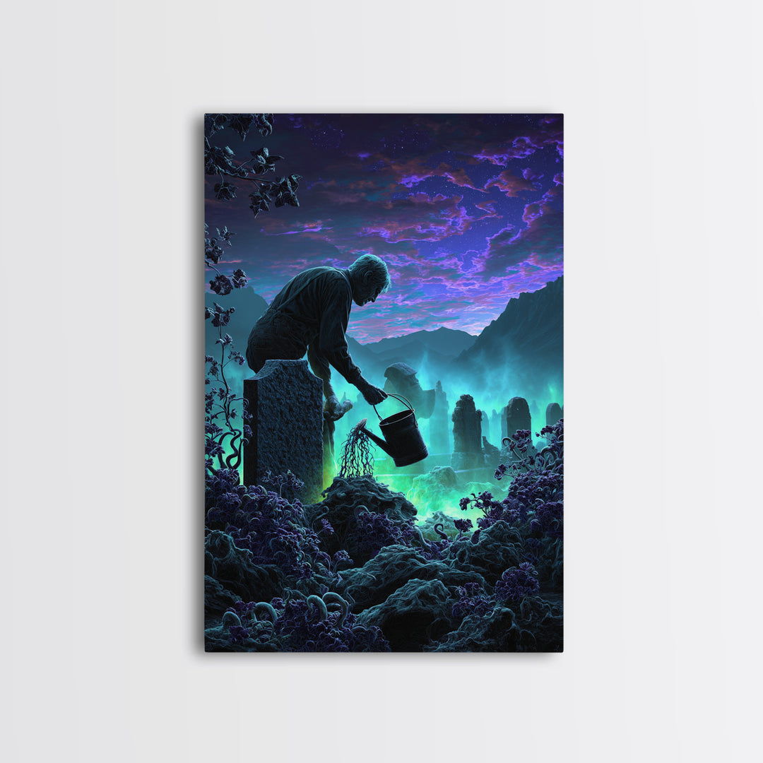 The Grave Gardener Of Yuggoth, Vertical Wall Art, Dark Fantasy Wall Art, Framed Canvas Print, Halloween Wall Decor, Gothic Home Decor