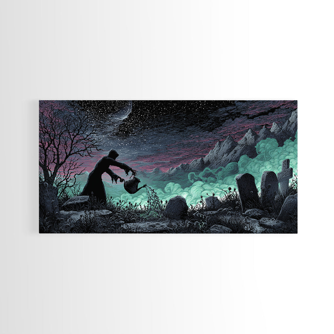 The Grave Gardener Of Yuggoth, Wide Panoramic Art, Spooky Home Decor, Canvas Print, Halloween Wall Decor, Gothic Home Decor, Halloween Decor