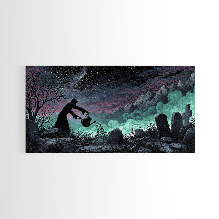 The Grave Gardener Of Yuggoth, Wide Panoramic Art, Spooky Home Decor, Canvas Print, Halloween Wall Decor, Gothic Home Decor, Halloween Decor