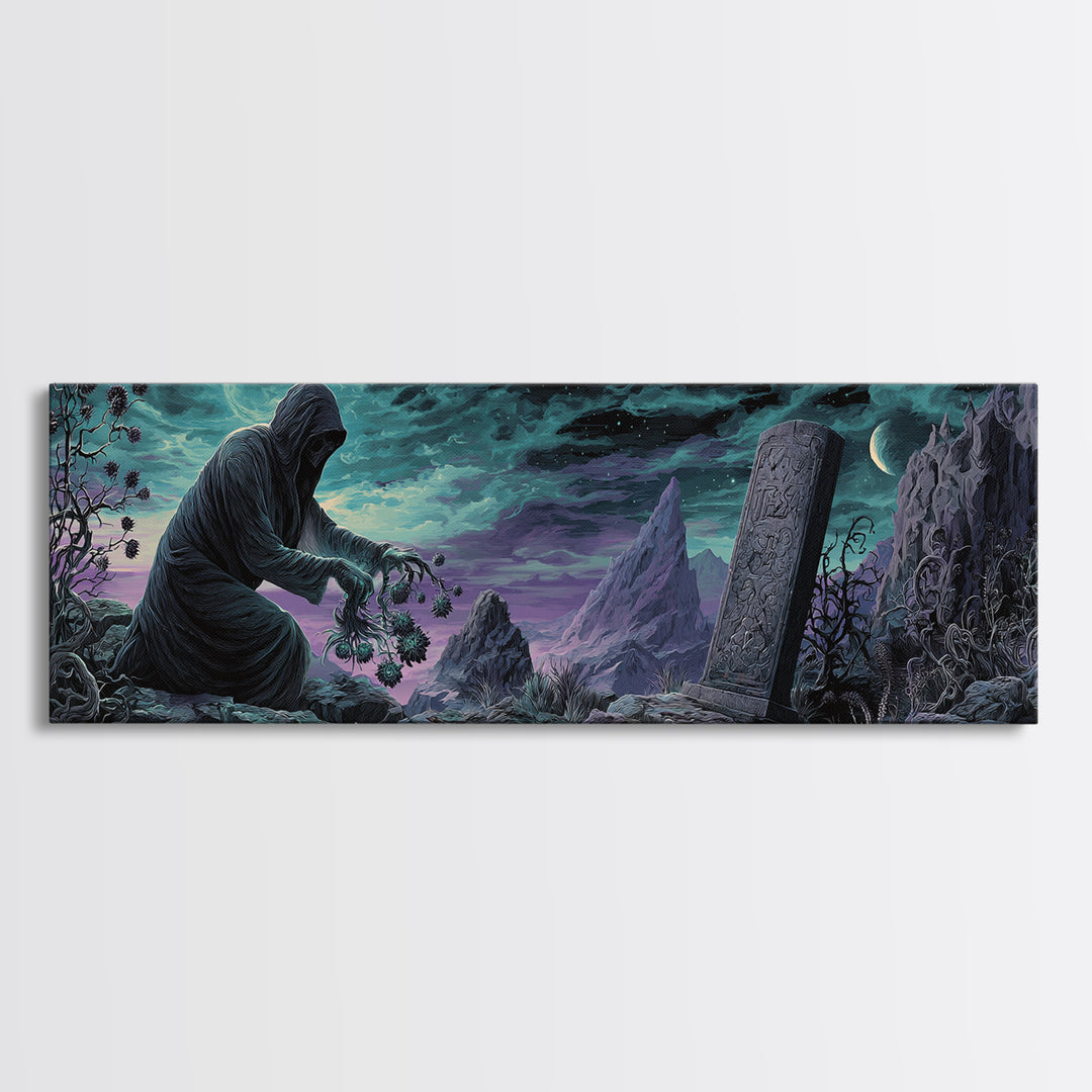 The Grave Gardener Of Yuggoth, Extra Wide Wall Art, Eldritch Gothic Decor, Framed Canvas Print, Halloween Wall Decor, Gothic Home Decor
