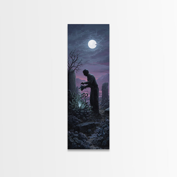 The Grave Gardener Of Yuggoth, Tall Narrow Wall Art, Dark Fantasy Wall Art, Canvas Print, Halloween Wall Decor, Gothic Home Decor