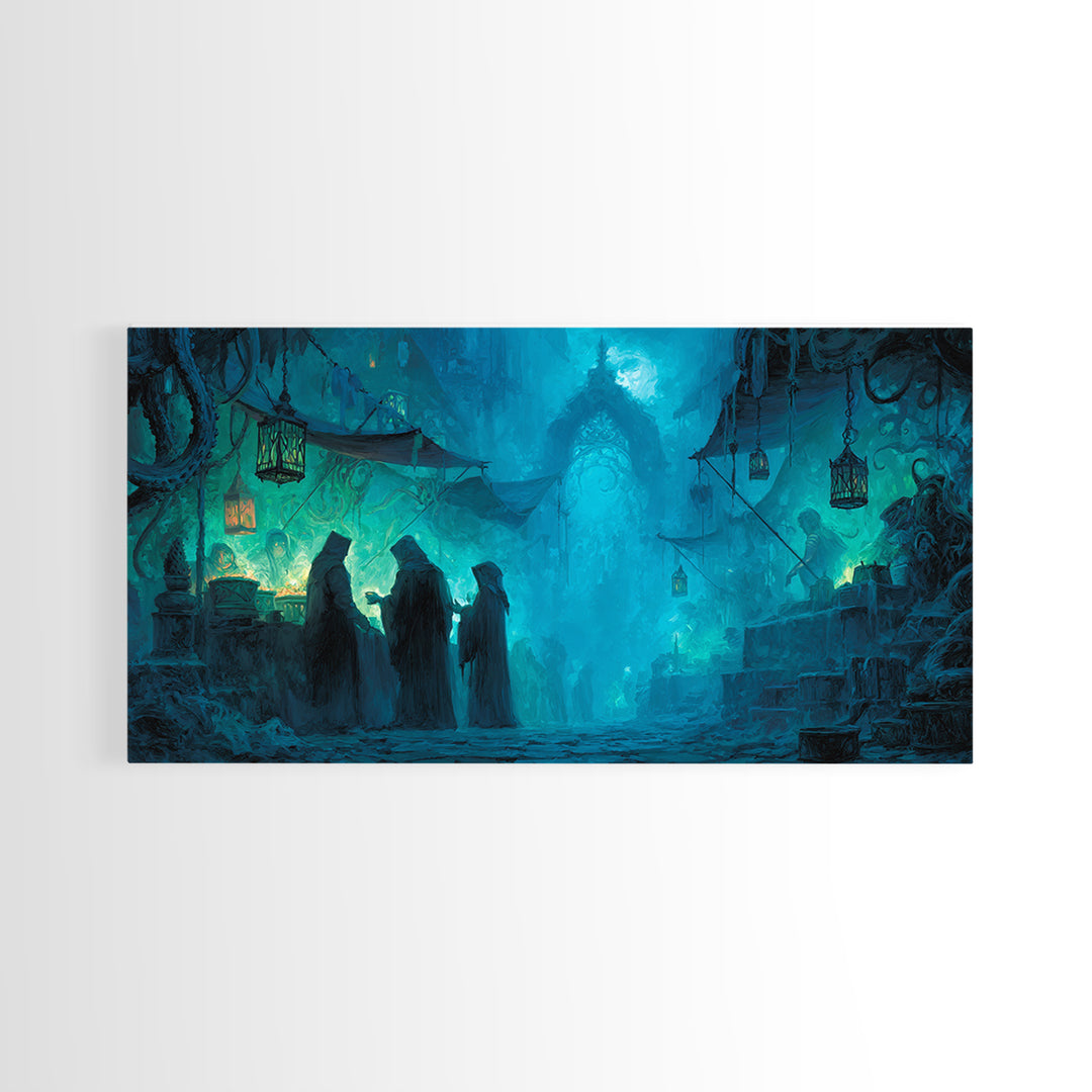The Lantern Market Beyond The Veil, Wide Panoramic Art, Eldritch Gothic Decor, Framed Canvas Print, Halloween Wall Decor, Gothic Home Decor