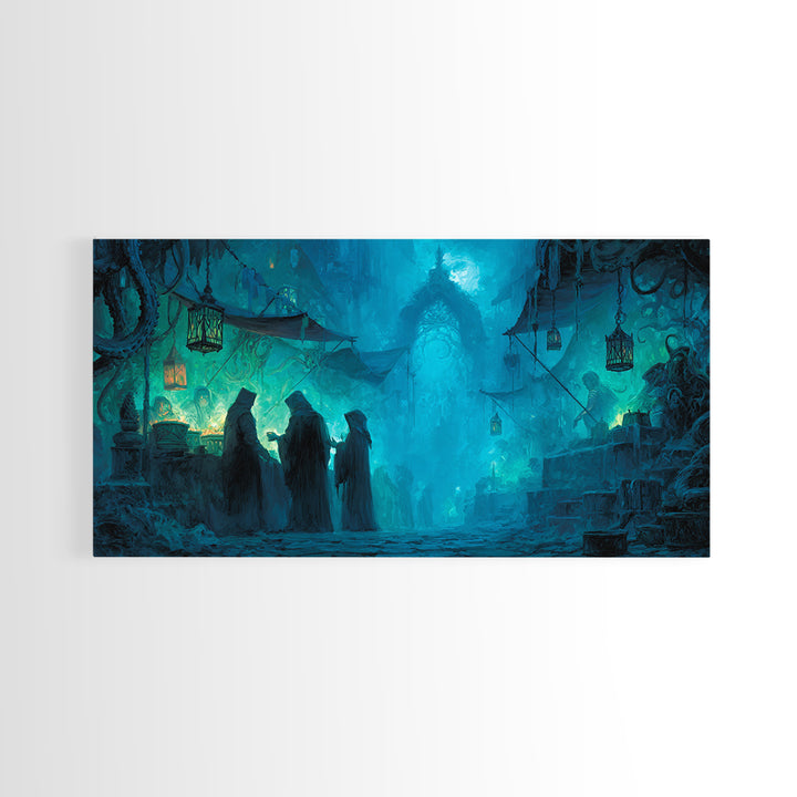 The Lantern Market Beyond The Veil, Wide Panoramic Art, Eldritch Gothic Decor, Framed Canvas Print, Halloween Wall Decor, Gothic Home Decor