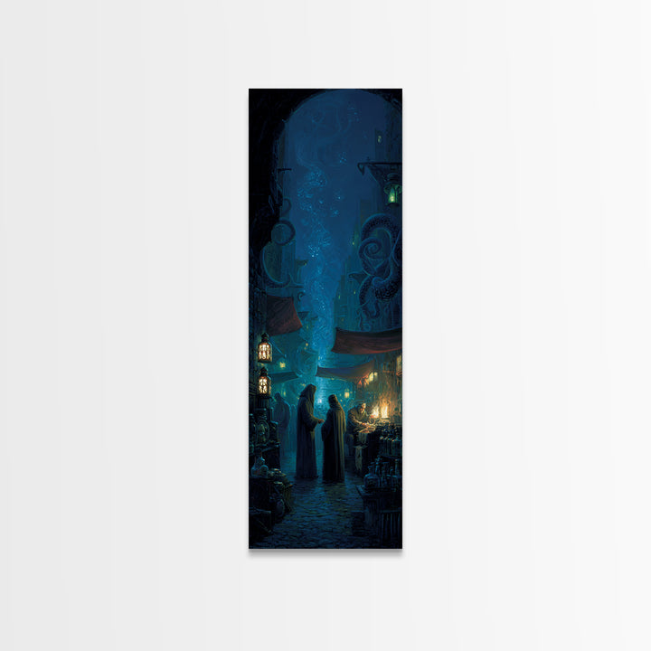 The Lantern Market Beyond The Veil, Tall Narrow Wall Art, Eldritch Gothic Decor, Canvas Print, Halloween Wall Decor, Gothic Home Decor