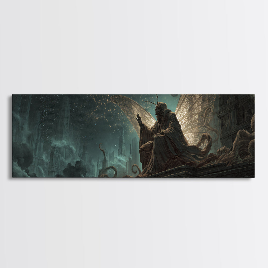 The Moth Prophet Of Kadath, Extra Wide Wall Art, Lovecraftian Horror Art, Canvas Print, Halloween Wall Decor, Gothic Home Decor