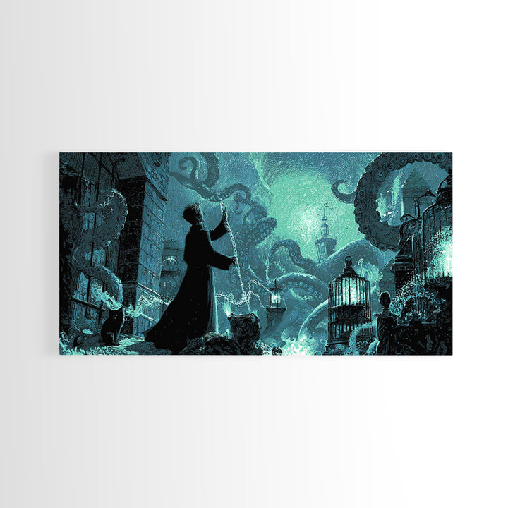 The Moonlit Shoggoth Menagerie, Wide Panoramic Art, Cosmic Horror Wall Art, Canvas Print, Halloween Wall Decor, Gothic Home Decor