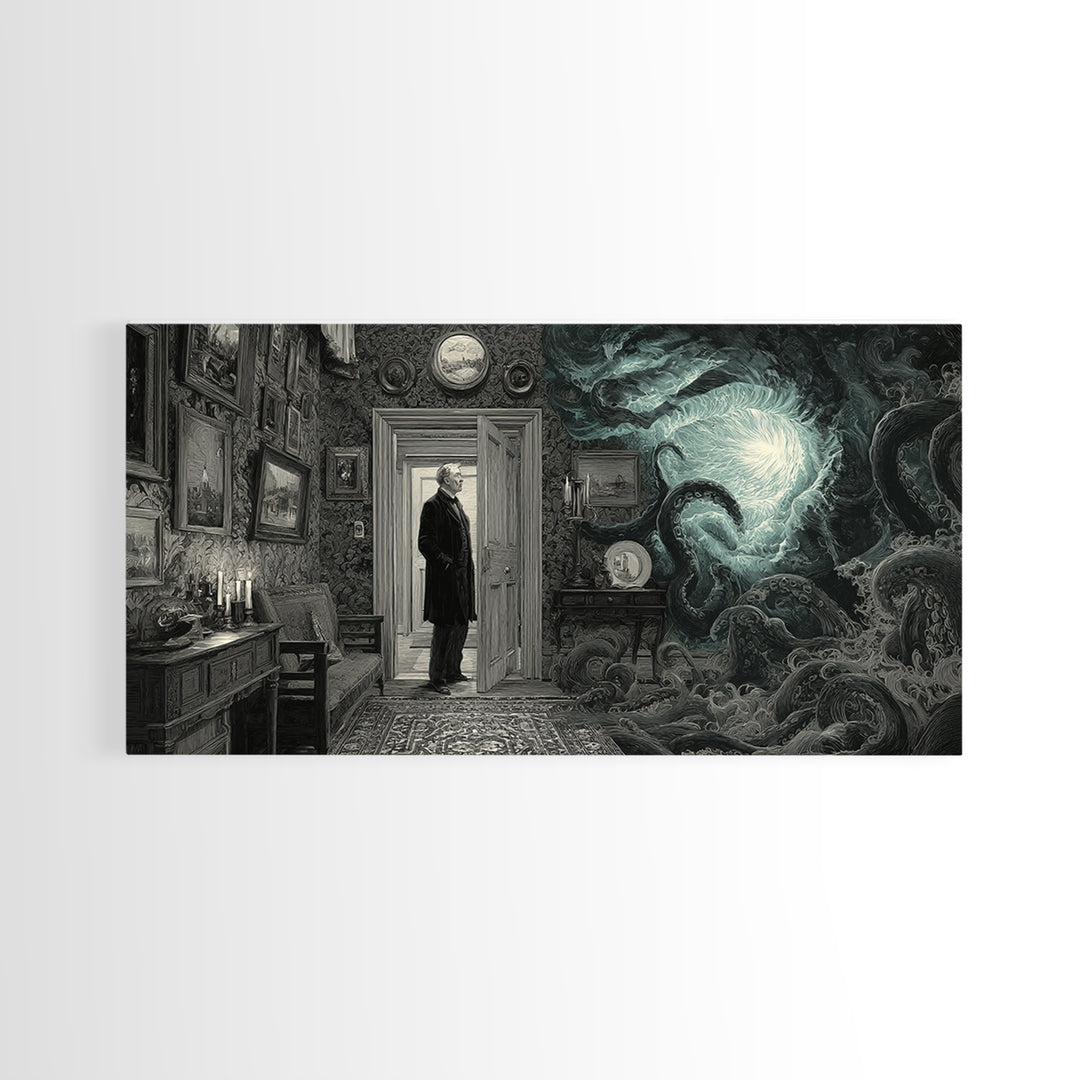 The Thirteenth Door Of Arkham House, Wide Panoramic Art, Gothic Horror Wall Art, Canvas Print, Halloween Wall Decor, Gothic Home Decor
