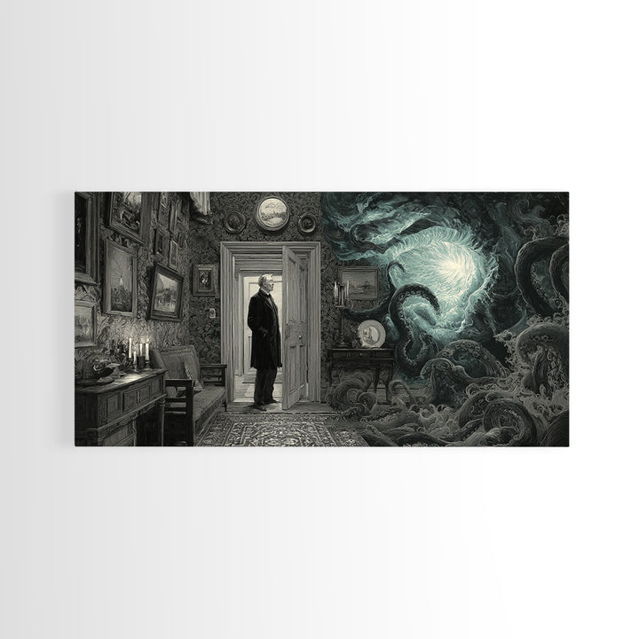 The Thirteenth Door Of Arkham House, Wide Panoramic Art, Gothic Horror Wall Art, Canvas Print, Halloween Wall Decor, Gothic Home Decor