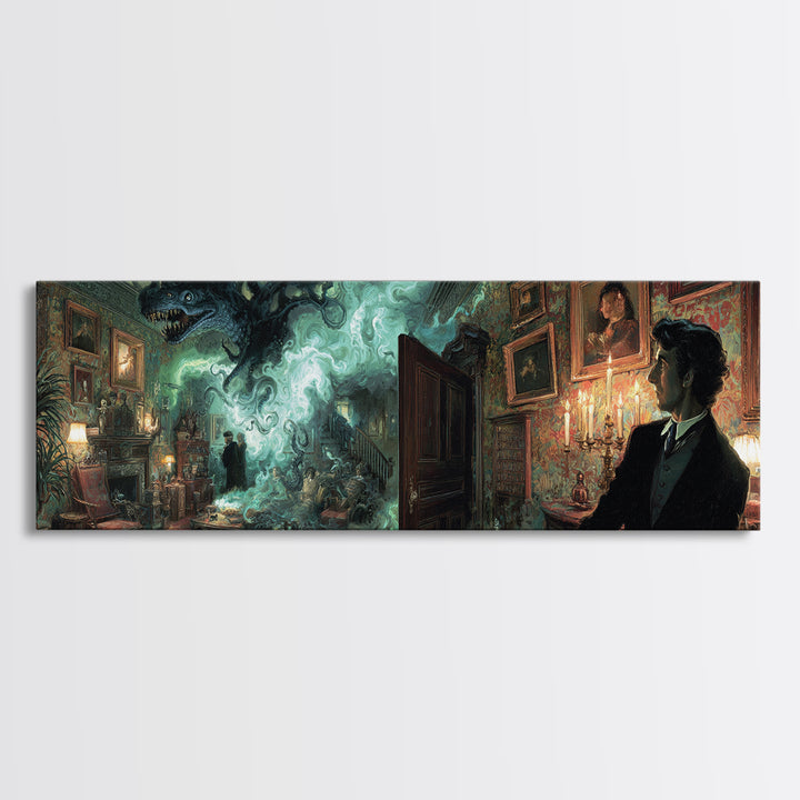 The Thirteenth Door Of Arkham House, Extra Wide Wall Art, Cosmic Horror Wall Art, Framed Canvas Print, Halloween Wall Decor, Halloween Decor