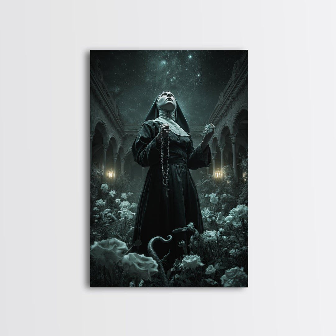 The Nun Of The Endless Constellation, Vertical Wall Art, Spooky Home Decor, Framed Canvas Print, Halloween Wall Decor, Gothic Home Decor