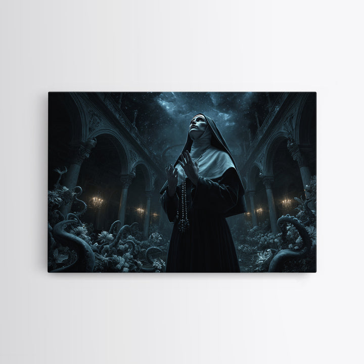 The Nun Of The Endless Constellation, Landscape Wall Art, Dark Halloween Decor, Framed Canvas Print, Halloween Wall Decor, Gothic Home Decor