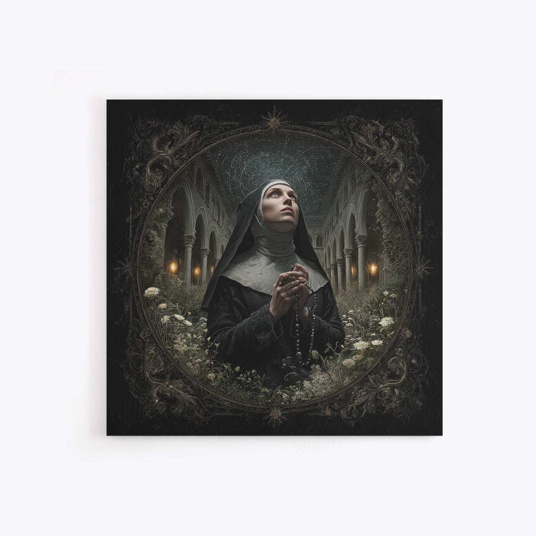 The Nun Of The Endless Constellation, Square Wall Art, Haunted Gothic Art, Framed Canvas Print, Halloween Wall Decor, Gothic Home Decor