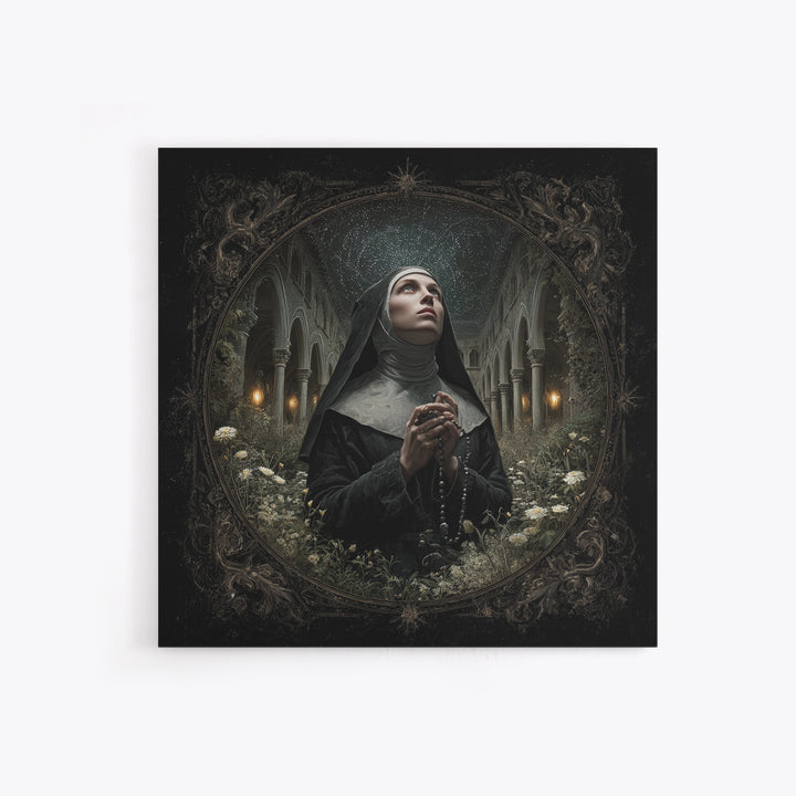 The Nun Of The Endless Constellation, Square Wall Art, Haunted Gothic Art, Framed Canvas Print, Halloween Wall Decor, Gothic Home Decor