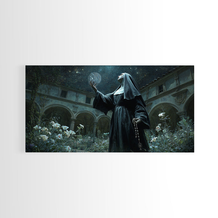 The Nun Of The Endless Constellation, Wide Panoramic Art, Dark Halloween Decor, Canvas Print, Halloween Wall Decor, Gothic Home Decor