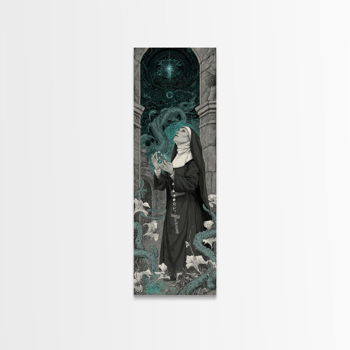 The Nun Of The Endless Constellation, Tall Narrow Wall Art, Haunted Gothic Art, Framed Canvas Print, Halloween Wall Decor, Gothic Home Decor