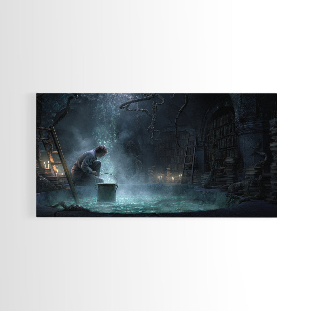 The Dreamwell Beneath Miskatonic, Wide Panoramic Art, Eldritch Gothic Decor, Framed Canvas Print, Halloween Wall Decor, Gothic Home Decor