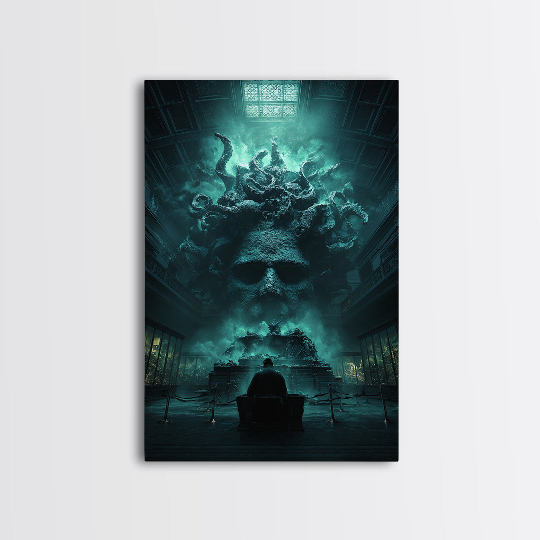 The Custodian Of The Whispering Idol, Vertical Wall Art, Lovecraftian Horror Art, Framed Canvas Print, Halloween Wall Decor