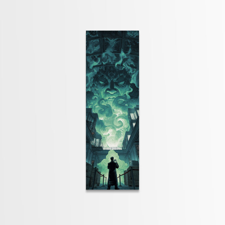 The Custodian Of The Whispering Idol, Tall Narrow Wall Art, Dark Halloween Decor, Framed Canvas Print, Halloween Wall Decor