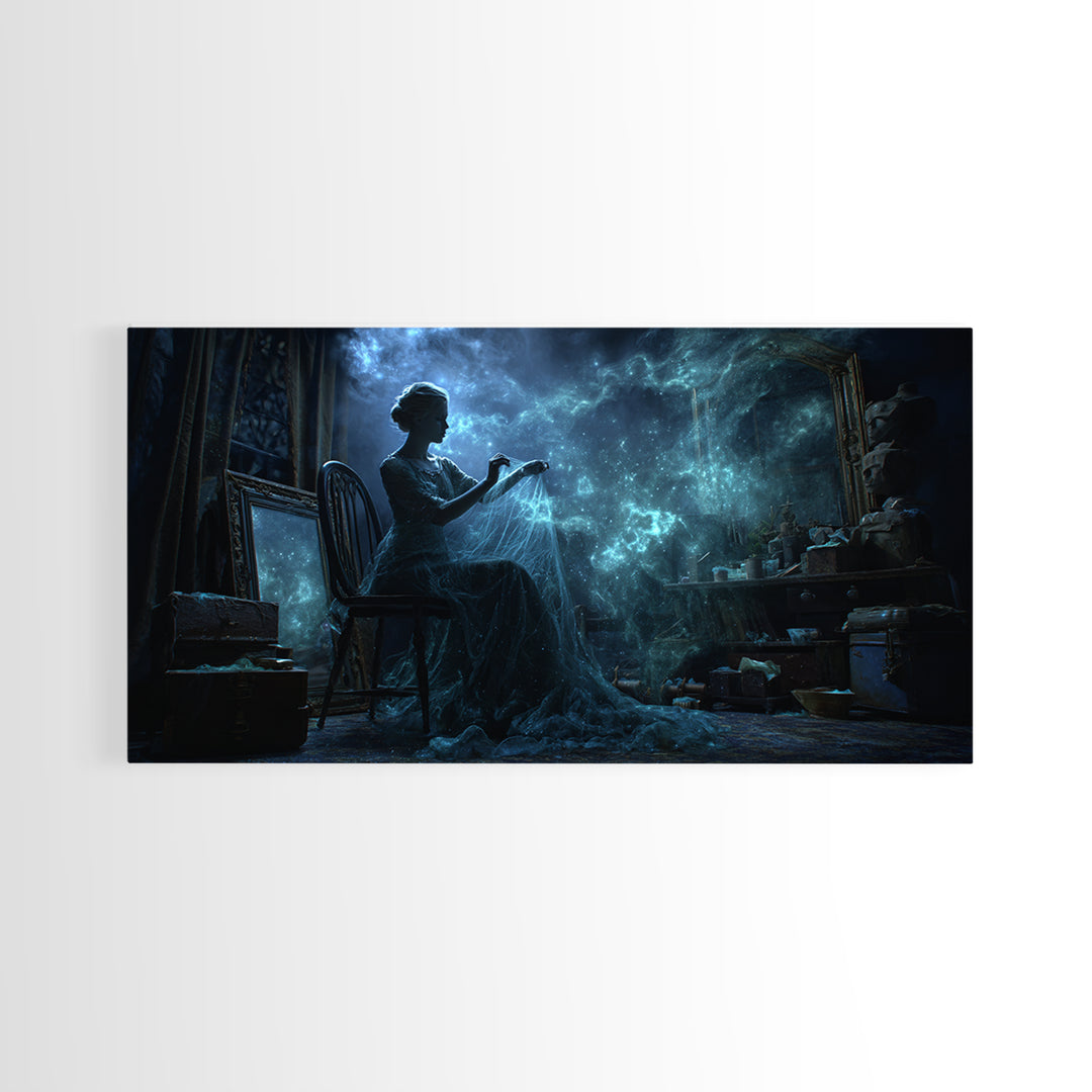 The Seamstress Of Living Nebulae, Wide Panoramic Art, Haunted Gothic Art, Canvas Print, Halloween Wall Decor, Gothic Home Decor
