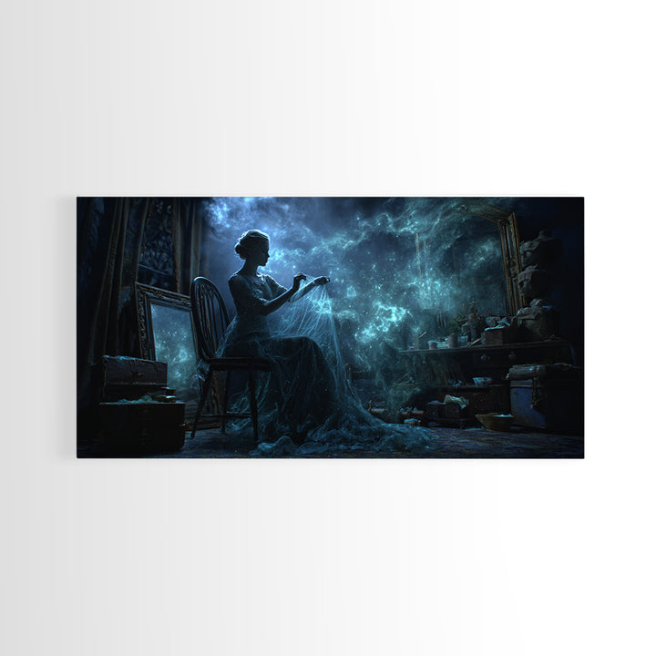 The Seamstress Of Living Nebulae, Wide Panoramic Art, Haunted Gothic Art, Canvas Print, Halloween Wall Decor, Gothic Home Decor