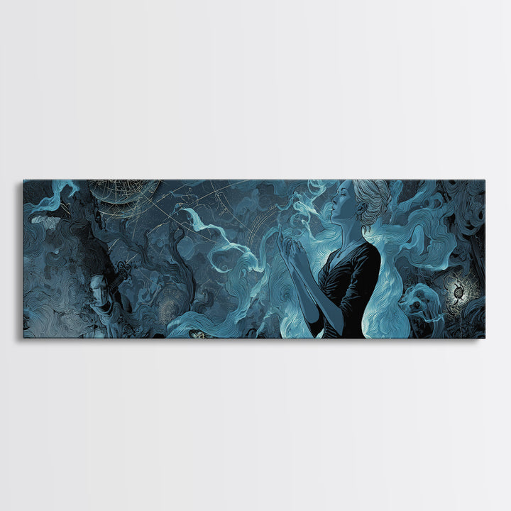 The Seamstress Of Living Nebulae, Extra Wide Wall Art, Lovecraftian Horror Art, Framed Canvas Print, Halloween Wall Decor, Gothic Home Decor