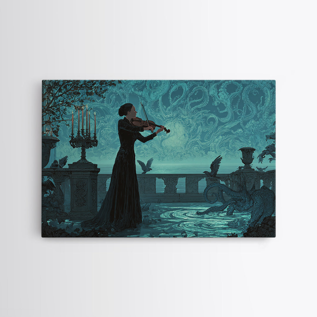 The Violinist Of The Drowned Moon, Landscape Wall Art, Gothic Horror Wall Art, Framed Canvas Print, Halloween Wall Decor, Gothic Home Decor