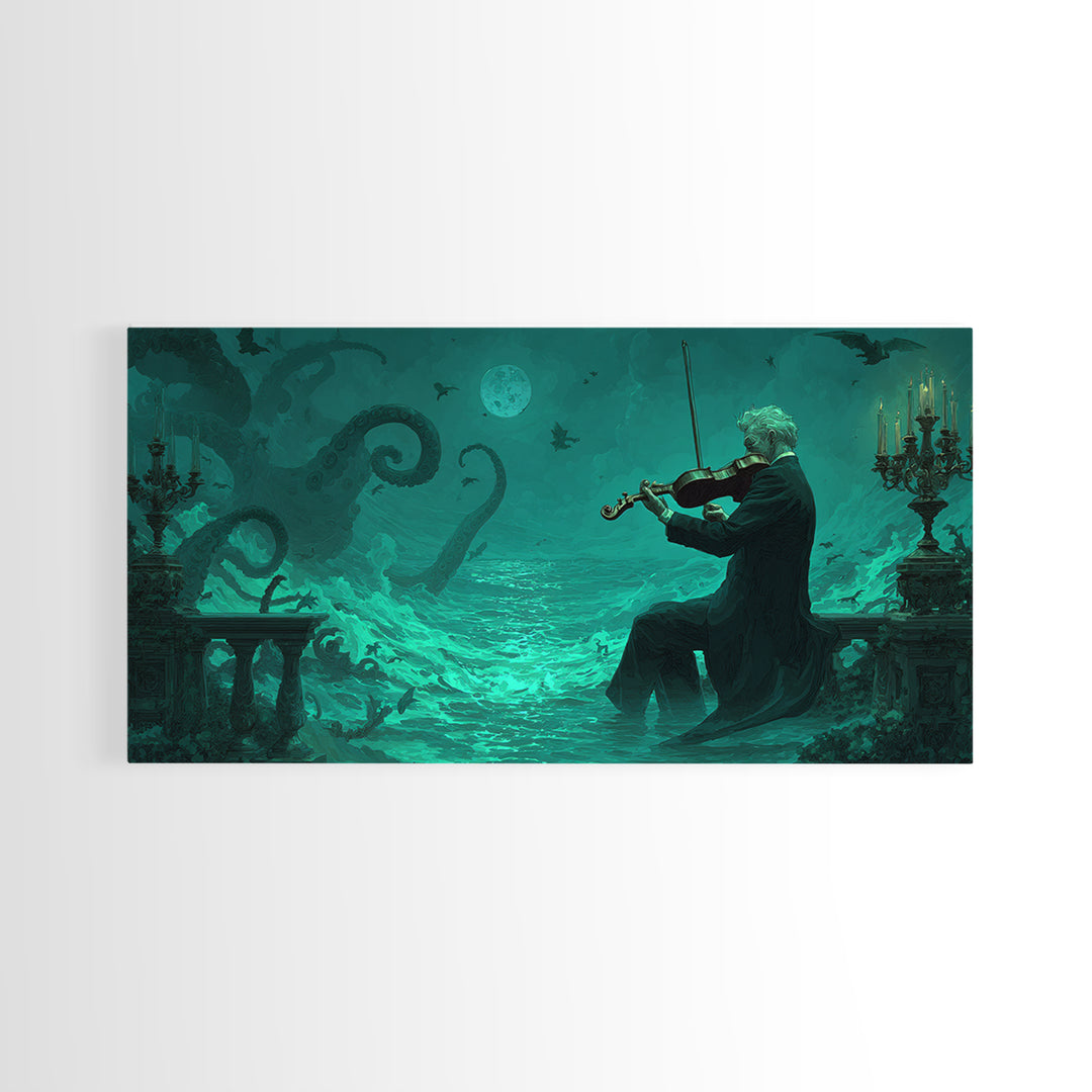 The Violinist Of The Drowned Moon, Wide Panoramic Art, Spooky Home Decor, Framed Canvas Print, Halloween Wall Decor, Gothic Home Decor